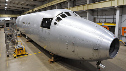 Obraz premium Flugzeugrumpf in der Produktionshalle