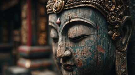 Majestic ancient wooden face statue with intricate details and aged patina
