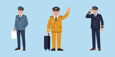 Concept of professional airline pilots in various poses, ready for duty or travel