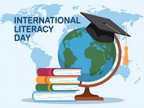 Inspiring International Literacy Day celebration with books, globe, map, and graduation cap, a symbol of learning and global education, perfect for awareness campaigns