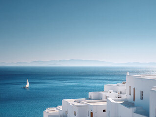 Obraz premium Serene seascape featuring white buildings overlooking turquoise water, a distant sailboat, and clear blue sky. Evokes travel, peace, and Mediterranean vibes.