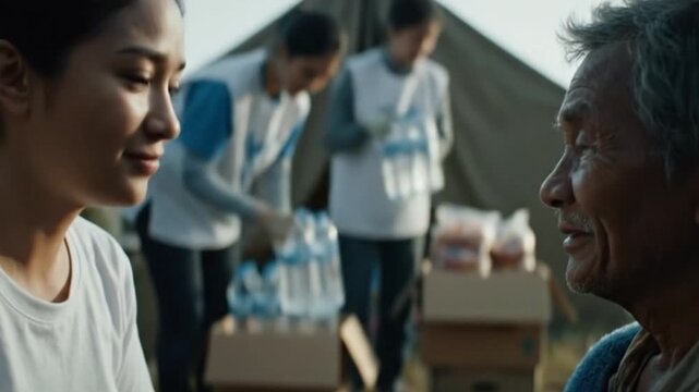 Volunteer Providing a Blanket and Aid in a Humanitarian Crisis. 