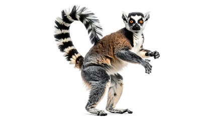 Obraz premium An eye-catching, well-lit studio shot featuring a ring-tailed lemur standing on its hind legs against a clean white backdrop