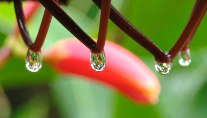 Water Drops Hanging on Stem with Reflected Foliage