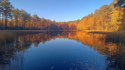 Tranquil Forest Lake with Stunning Autumn Reflection in Water