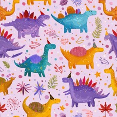 Fototapeta premium Colorful Dinosaurs with Party Hats: Whimsical and Playful Illustrations for Cheerful Children's Design and Nursery Decor Featuring Vibrant Pastel Patterns and Friendly Prehistoric Flora and Fauna
