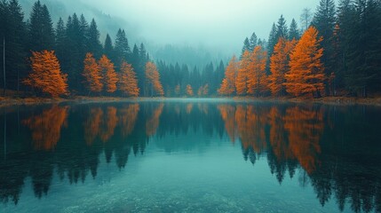 Fototapeta premium Serene Autumn Reflection in a Misty Forest Lake Landscape