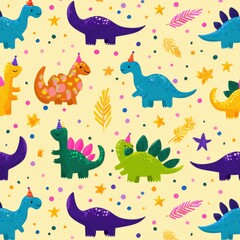 Colorful Dinosaurs in Party Hats: Vibrant Cartoon Design with Fun Patterns and Whimsical Shapes on a Yellow Background for a Cheerful Kids' Birthday Celebration Adventure