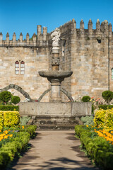 Statue of Saint Barbara on a fountain on Sunny Day in Braga, Northern Portugal