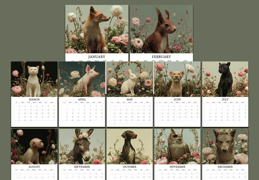 Artistic calendar with animals in floral settings