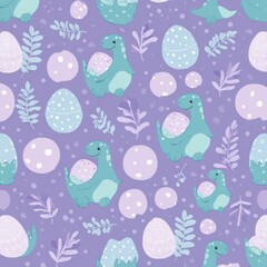 Obraz premium Playful Pastel Dinosaur Eggs in Whimsical Pattern with Bubbles, Leaves, and Vibrant Colors for a Cheerful Nursery Adventure Design - Cute Cartoon Exploration of Prehistoric Nature