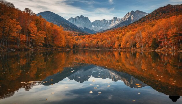 Generative AI image of a cinematic autumn landscape with colorful fall trees, golden leaves, misty forest path, lake reflections, warm sunlight, vibrant nature, realistic fall scenery
