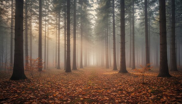 Generative AI image of a cinematic autumn landscape with colorful fall trees, golden leaves, misty forest path, lake reflections, warm sunlight, vibrant nature, realistic fall scenery