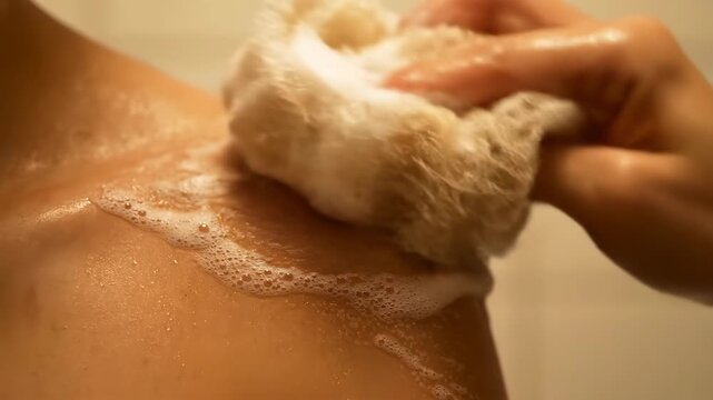 Person Washing Shoulder With Soap and Loofah in Bathroom Shower