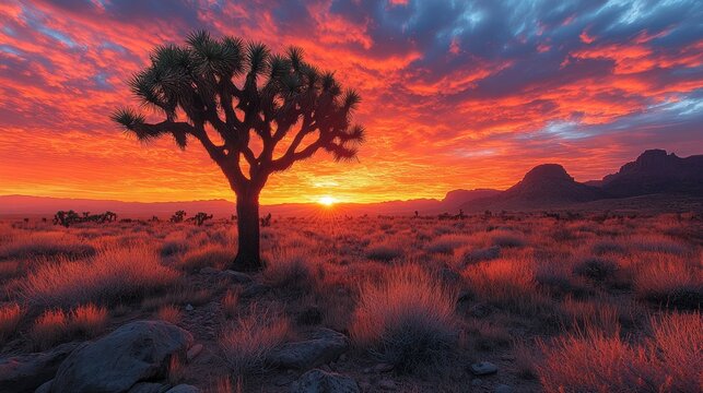 Dramatic Sunset Over Desert Landscape with Joshua Trees