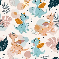 Obraz premium Whimsical Cartoon Dragons and Dinosaurs: Cute, Playful Characters in Blue, Orange, and Green with Wings, Spots, and Leaves - Cheerful Fantasy Illustrations for Children’s Art and Design