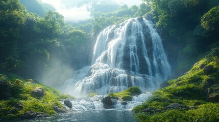 Fototapeta premium Majestic Waterfall Flows through Lush Green Forest Landscape