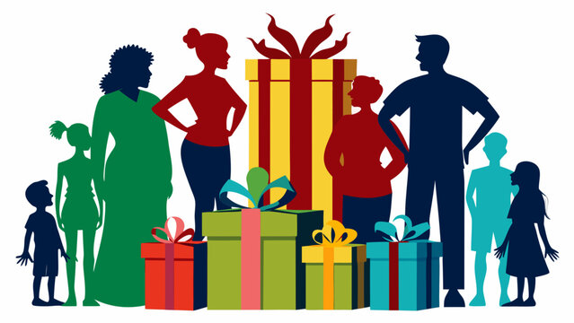 Diverse family silhouette with colorful gift boxes and presents