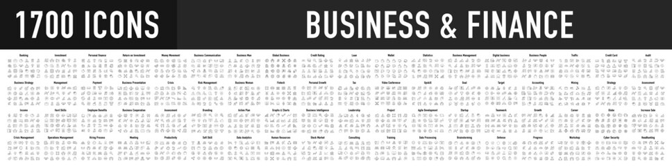 Obraz na płótnie Canvas Set of 1700 Business icons. Business and Finance web icons in line style. Money, bank, meeting, vision, fintech, management, strategy, infographic. Icon collection. Vector illustration.