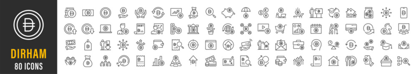 Obraz premium Dirham web icon set. Payment, banknotes, exchange, price, cash, coins, bank, earning, money bag, finance, shop, income, piggy, invest, business, pack. Vector illustration collection.