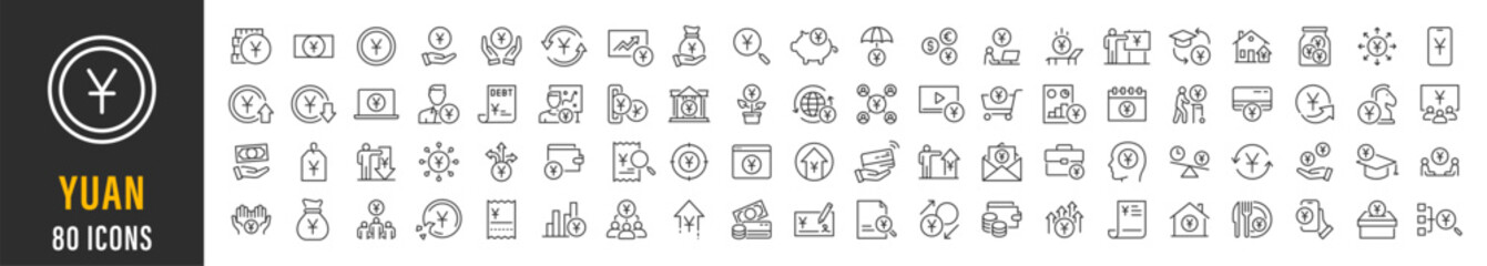 Obraz premium Yuan CNY web icon set. Payment, banknotes, exchange, price, cash, coins, bank, earning, money bag, finance, shop, income, piggy, invest, business, pack. Vector illustration collection.