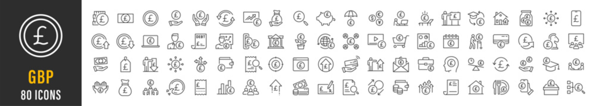 British Pound Sterling web icon set. Payment, banknotes, exchange, price, cash, coins, bank, earning, money bag, finance, shop, income, piggy, invest, business, pack. Vector illustration collection.