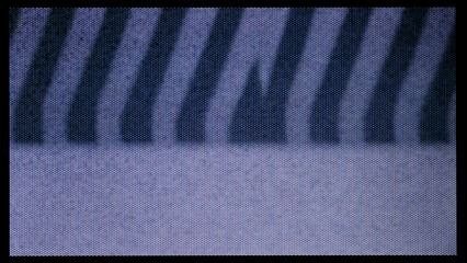 close-up of the screen texture of an old VHS video tape file, with a blue color dot background and a grainy film effect. Photo overlay via blend mode or half dot print layer.