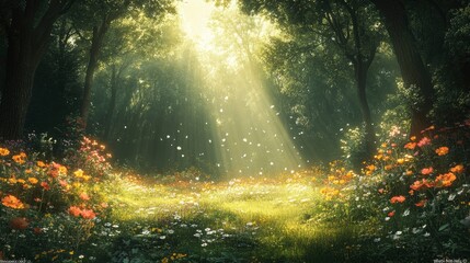 Obraz premium Sunlit Forest Glade with Wildflowers in a Serene Landscape Scene