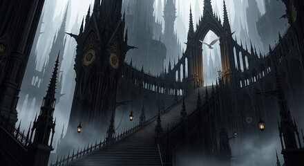 Gothic Cathedral Cityscape Under Heavy Rain