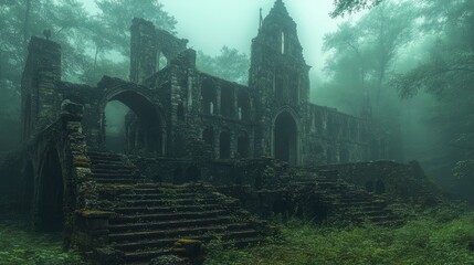 Naklejka premium Ancient Monastery Ruins in Misty Forest Landscape