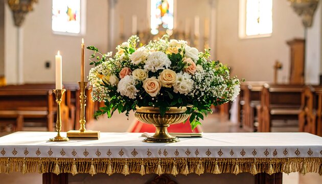 Floral arrangement with candles on a table in a church