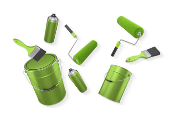 Assortment of paint brushes, rollers, cans, and spray paint isolated on white background, painting and renovation concept