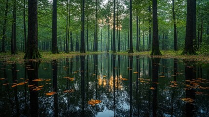 Obraz premium Serene Swamp Forest Scene with Cypress Trees and Still Water Reflections