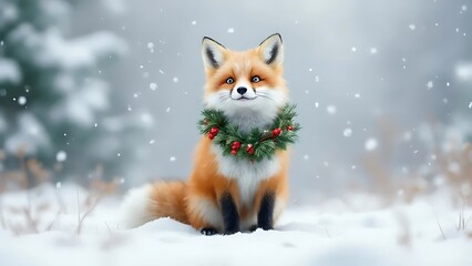 Obraz premium Cute fox winter scene christmas wreath snow falling animal wildlife nature holiday festive season outdoors art on transparent background