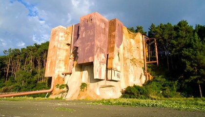 Weathered Concrete Structure Amidst Lush Green Trees and Cloudy Sky