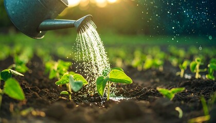 Watering Plants in Garden with Watering Can at Sunset