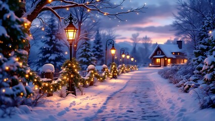 Winter wonderland christmas lights snow scene holiday season landscape background wallpaper aesthetic 4k on transparent background