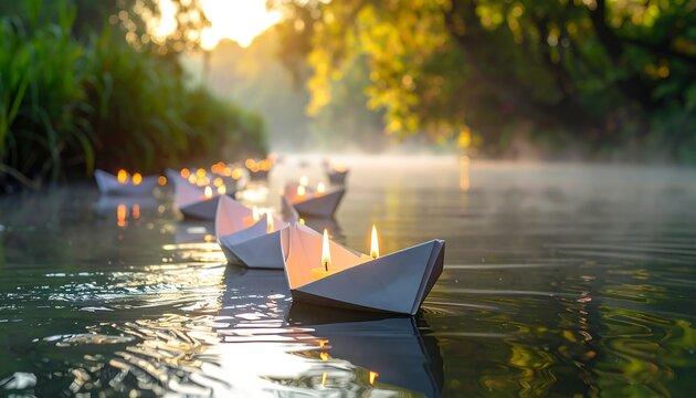 Paper boats with lit candles float down a tranquil river, with sunlit foliage in the background, creating a serene and ethereal atmosphere