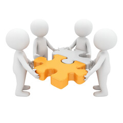 Teamwork Puzzle: Figures Aligning an Orange Piece