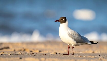 A graceful seabird with a black head and red beak stands on a sandy beach, ocean waves in the blurred background