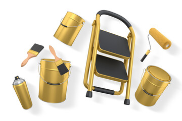 Naklejka na ściany i meble Step ladder with black steps, paint cans, roller and paint brushes on white background with clipping path, concept of painting Naklejka na ściany i meble Step ladder with black steps, paint cans, roller and paint brushes on white background with clipping path, concept of painting