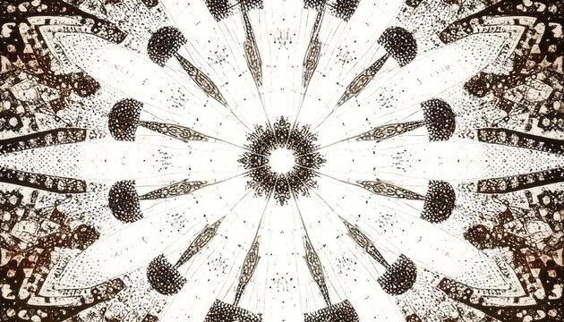 An intricate geometric pattern radiates from a central point, featuring radial symmetry and organic textures. The artwork is a visually rich kaleidoscope