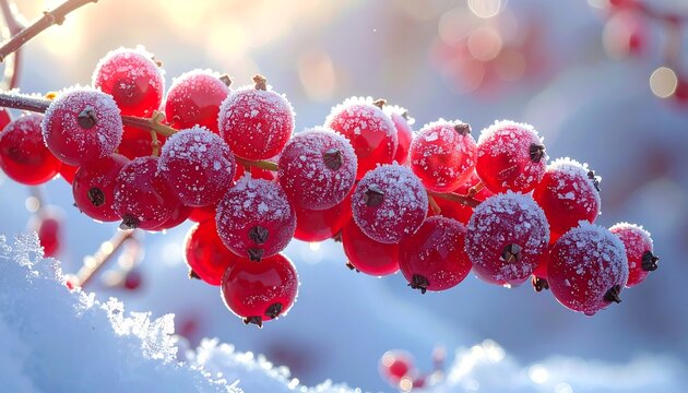 Close-up of icy red berries on a branch amidst snow with a soft, blurred background. Sunlight creates a winter wonderland - Powered by Adobe