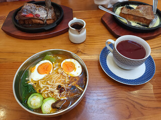 Complete Brunch Spread with Noodle Soup and French Toast