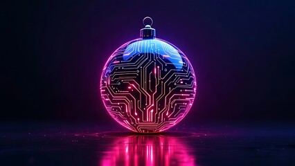 Cyberpunk christmas ornament technology circuit board glowing neon lights holiday season tech festive sphere on transparent background