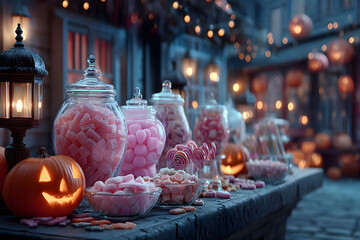 Halloween Candy Display with Pumpkins and Lanterns in a Festive Outdoor Setting