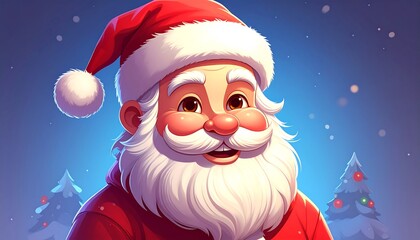 Portrait of a jolly, cartoon Santa Claus wearing a red suit and hat, set against a blue night backdrop with falling snow and fir trees