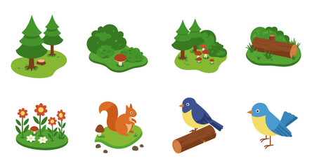Obraz premium Isometric nature elements: forest, trees, animals, and plants in playful style