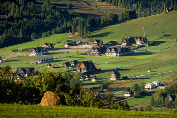 Białka Tatrzańska, Kaniówka - typical Podhale architecture, Zakopane area, tall, soaring cottages (houses). Lesser Poland Voivodeship, Poland