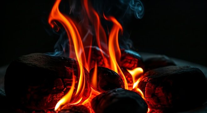 Burning coal with bright orange flames and smoke against a dark backdrop